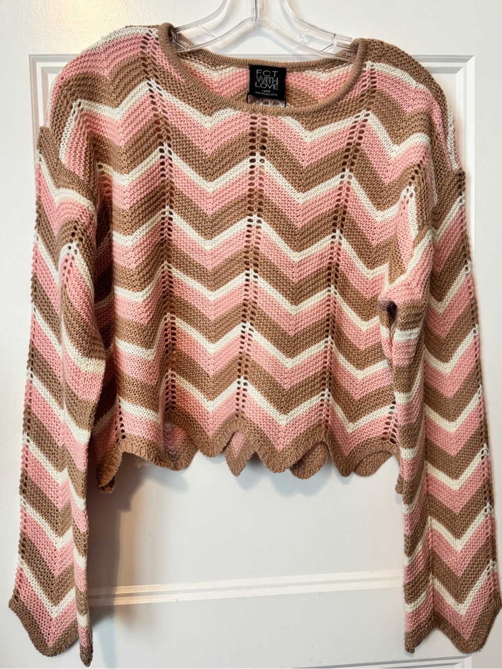 FCT With Love Chevron Cropped Sweater Pink Brown L